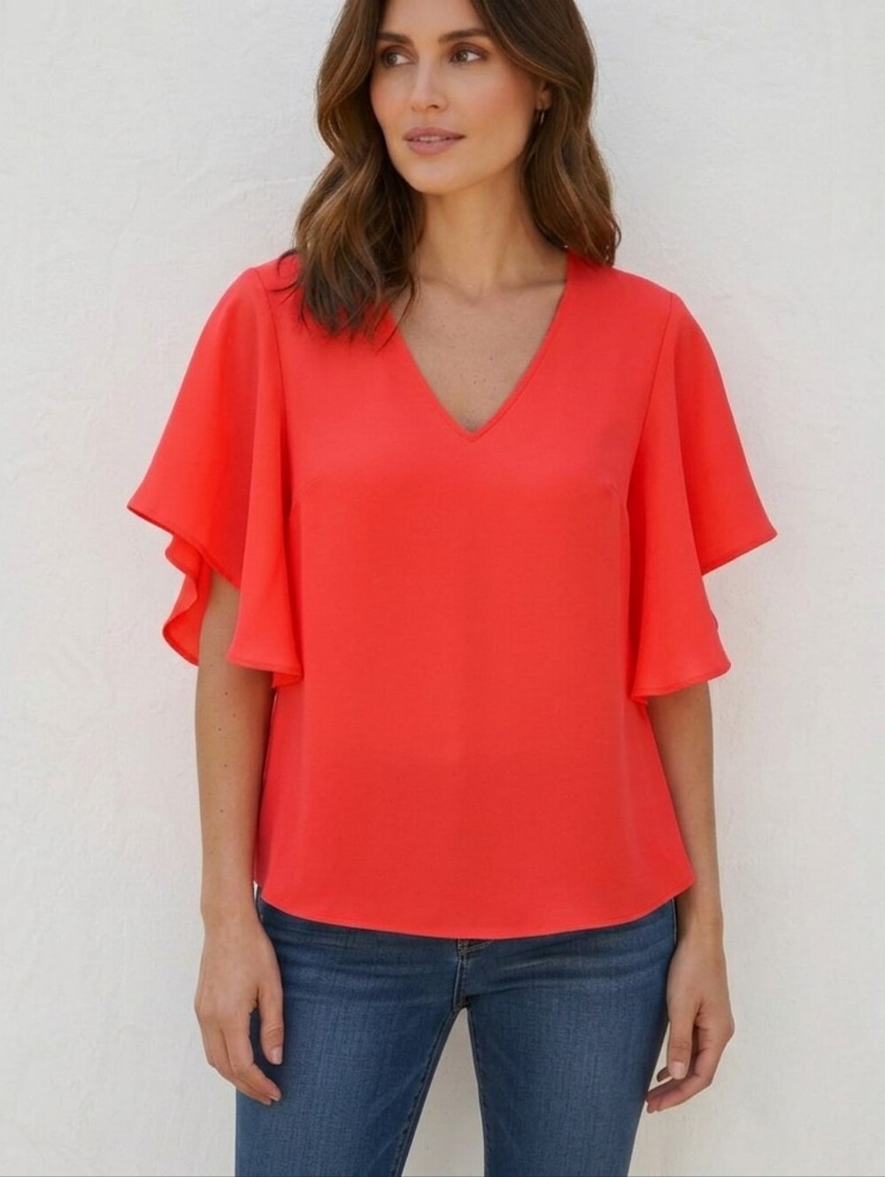 Trina Turk NWT Moore Top V-Neck Flutter Ruffle Sleeve Bright Coral Orange Blouse